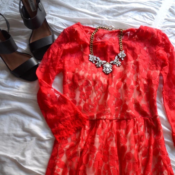 Free People | Red Floral Mesh Lace Dress - Picture 2 of 8