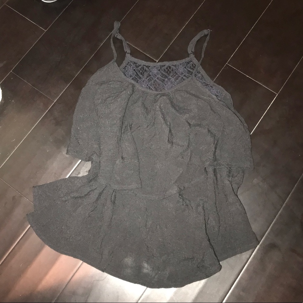 Black Ruffle lace back spaghetti strap blouse top