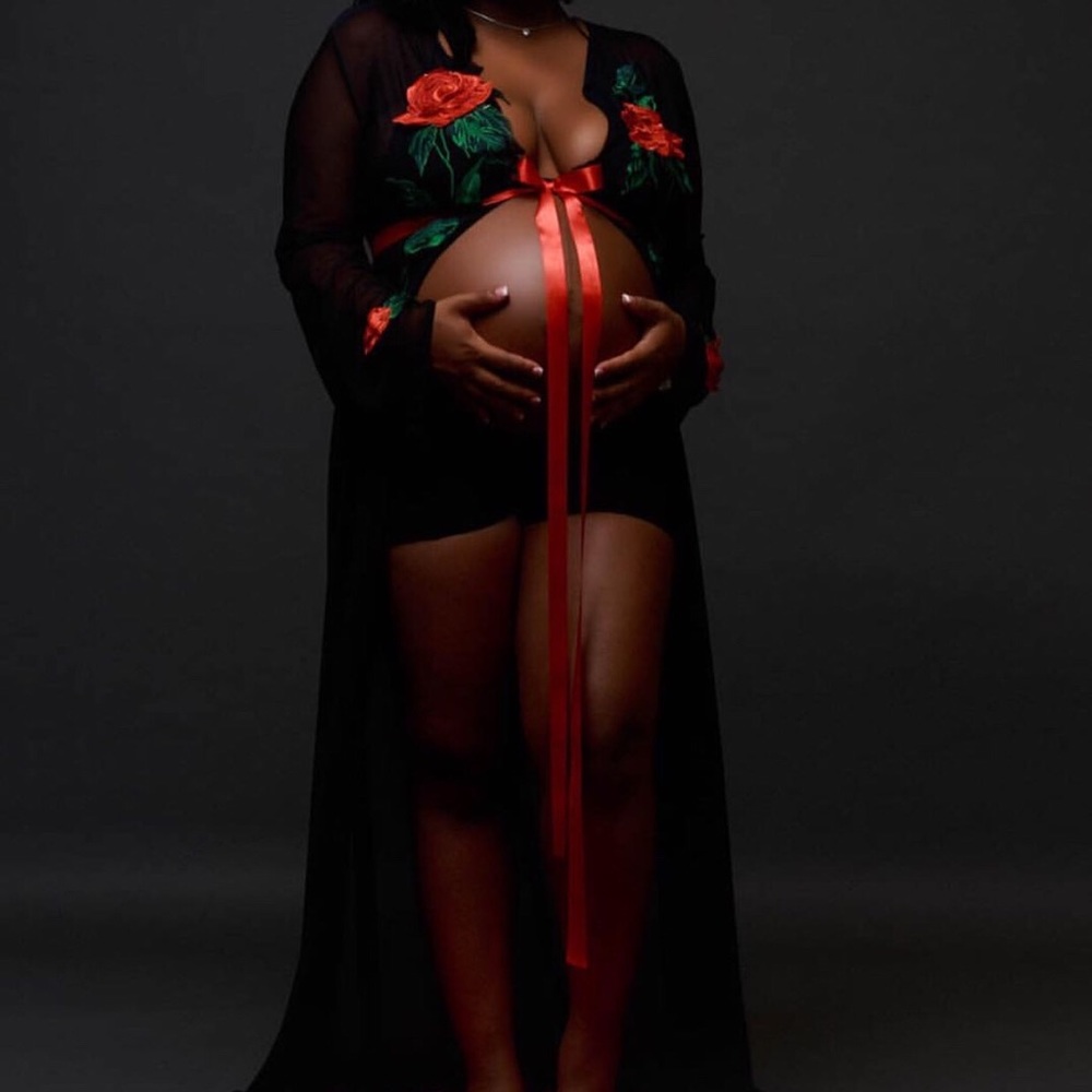Bold black maternity robe with roses
