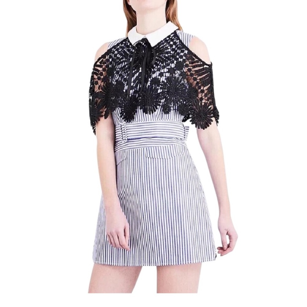 Self portrait lace caped stripe mini dress