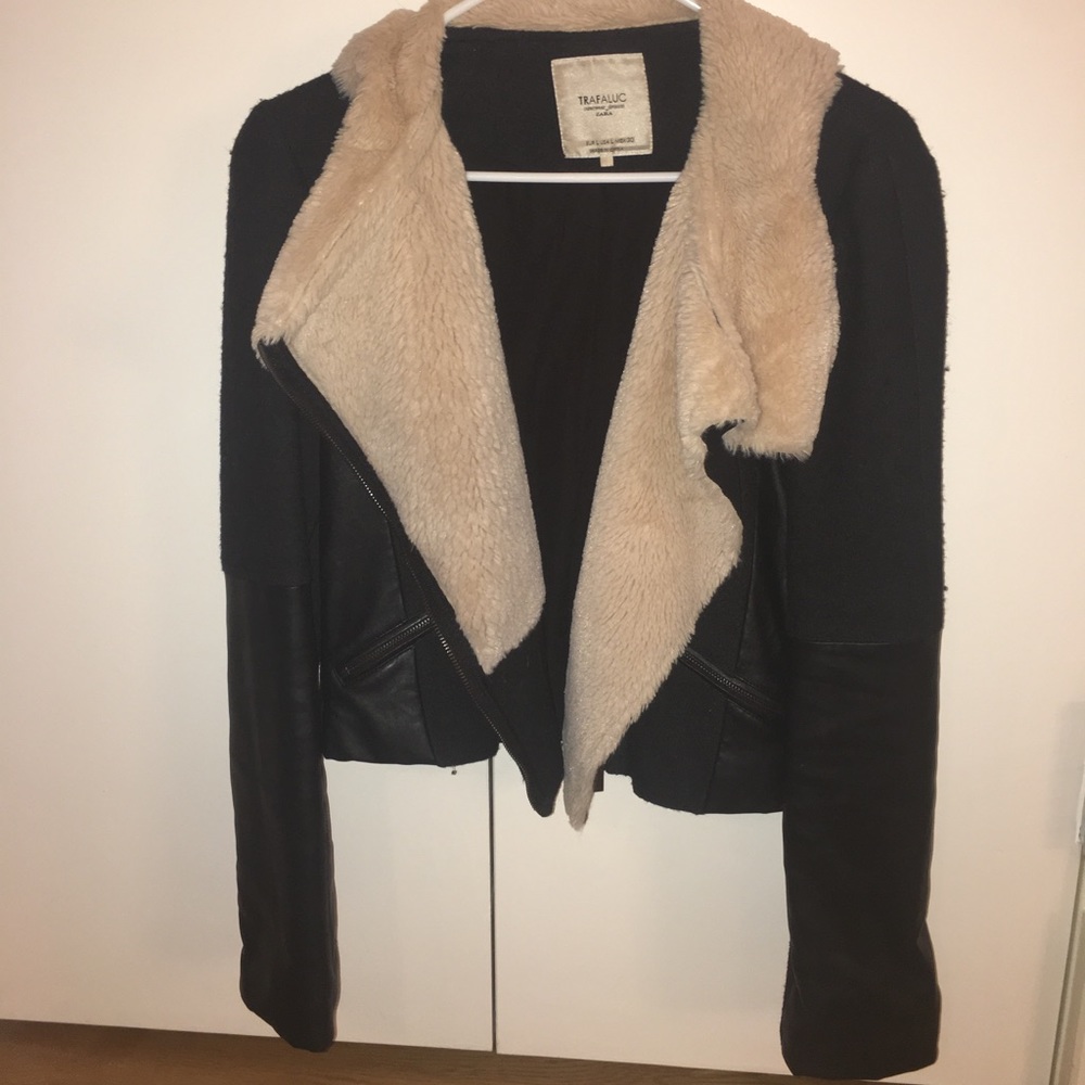 Black leather and wool zip jacket
