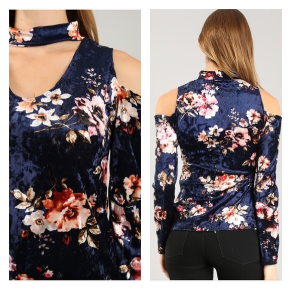 Navy Floral Velvet Cold Shoulder Top - Picture 2 of 2