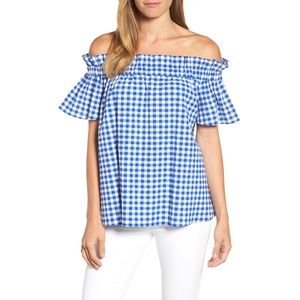 NEW Pleione Ruffle Off Shoulder Gingham Blouse NEW Pleione Ruffle Off Shoulder Gingham Blouse