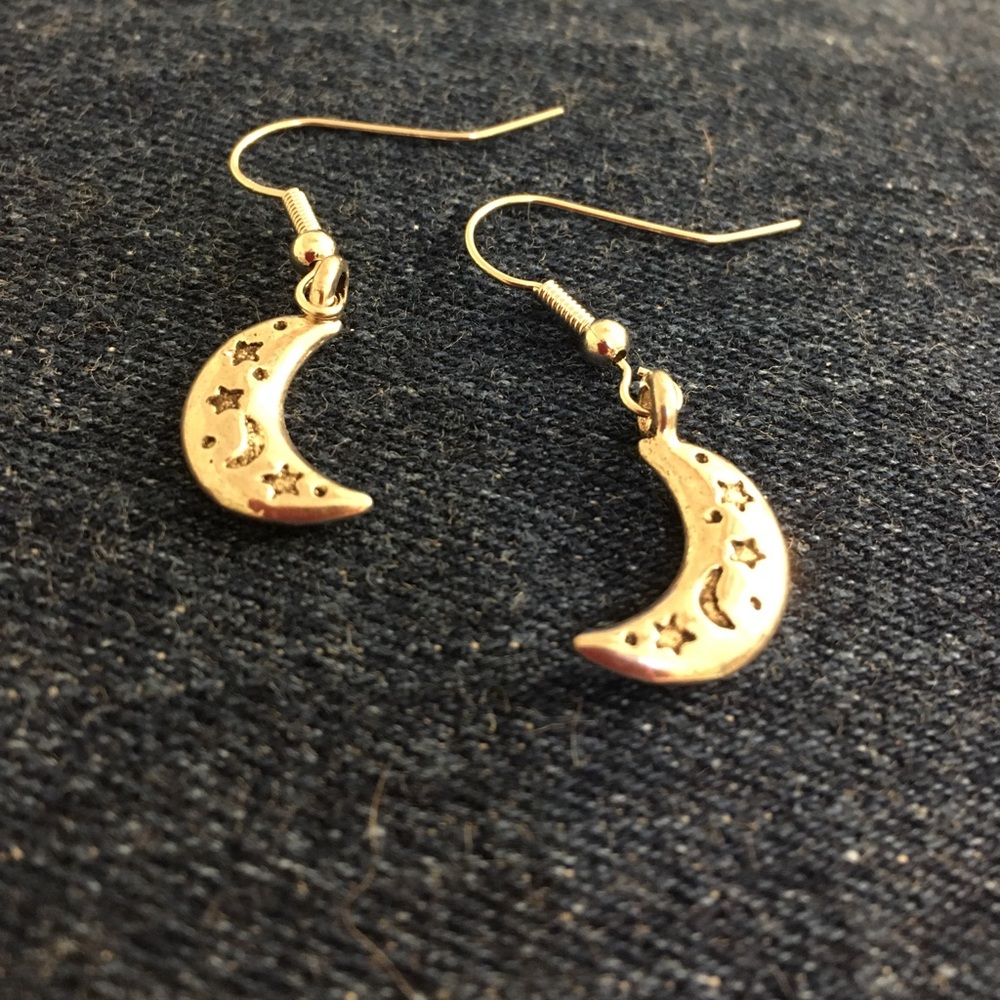 Gold Crescent Moon Earrings w/Engraved Stars & Moons