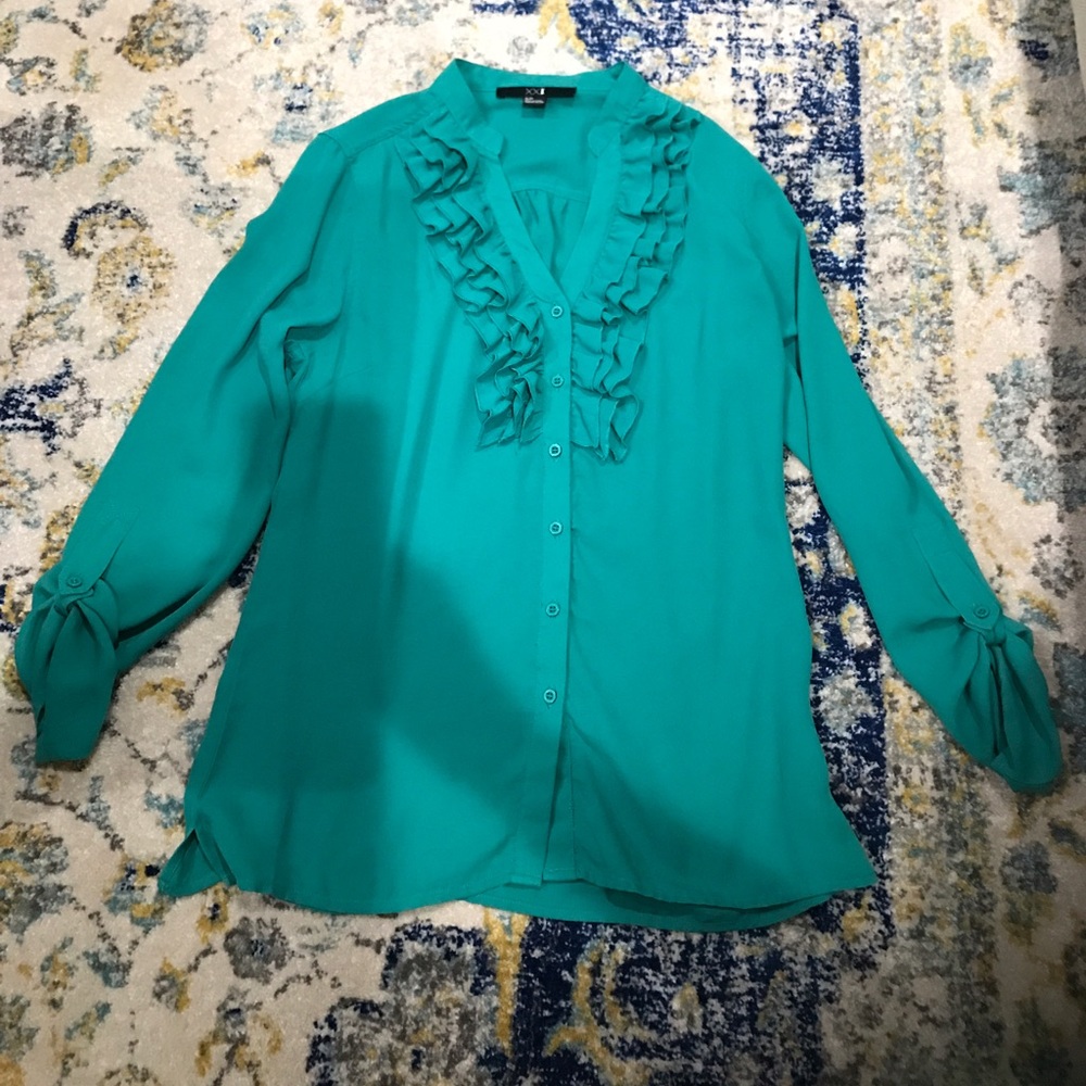 ruffled emerald green button down blouse