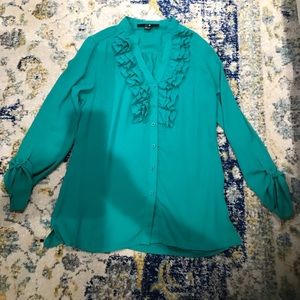 ruffled emerald green button down blouse