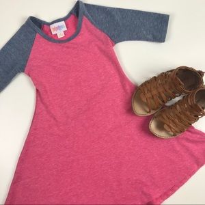 LuLaRoe Adeline dress pink with blue sleeves