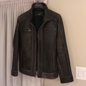 Black rivet genuine leather jacket cotton lining