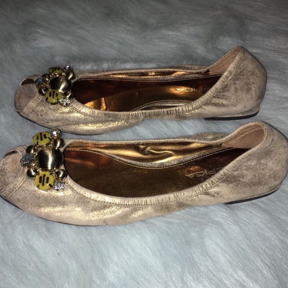VIA SPIGA Womens Peeptoe Jewel Flats 6 Gold