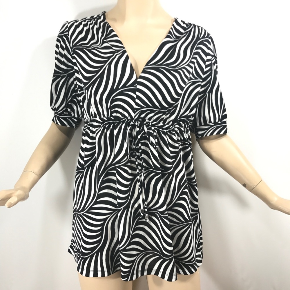 MK Michael Kors Black White Striped V-Neck Blouse