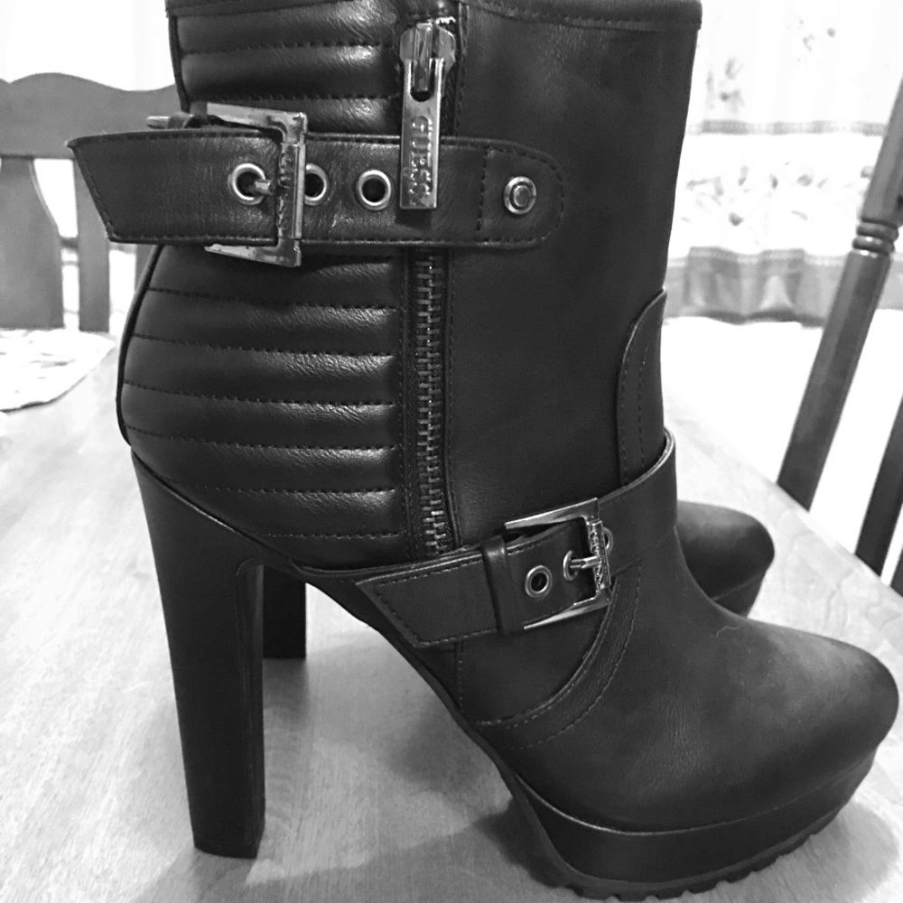 Guess short, black,  zipper buckle boots.
