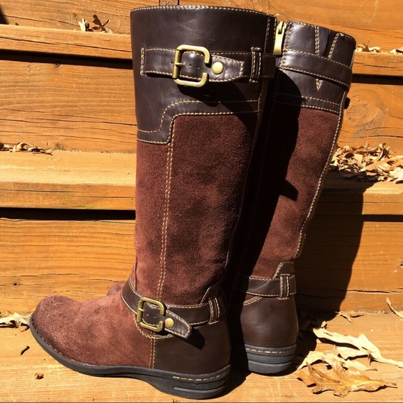 Brown Leather Stitched Belted Brass Buckled Suede Fall Winter Knee High Boots - Picture 5 of 5