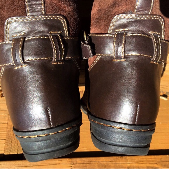 Brown Leather Stitched Belted Brass Buckled Suede Fall Winter Knee High Boots - Picture 3 of 5