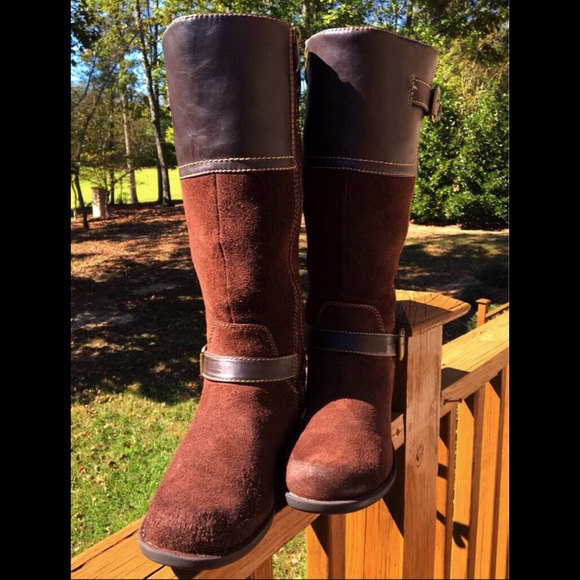 Brown Leather Stitched Belted Brass Buckled Suede Fall Winter Knee High Boots - Picture 2 of 5