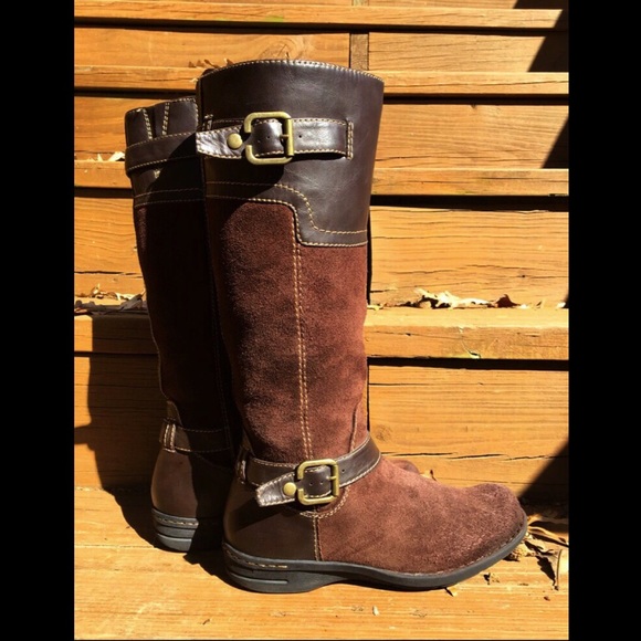 unknown Shoes - Brown Leather Stitched Belted Brass Buckled Suede Fall Winter Knee High Boots