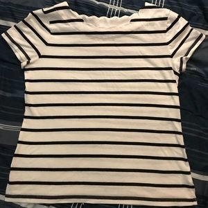 Black and white striped petite scalloped tee