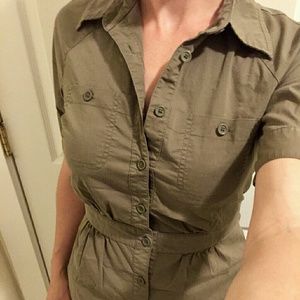 Army Green Stretch Button Down Blouse
