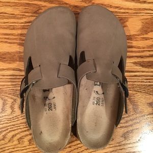 Birkenstock slide ons.  Gray.