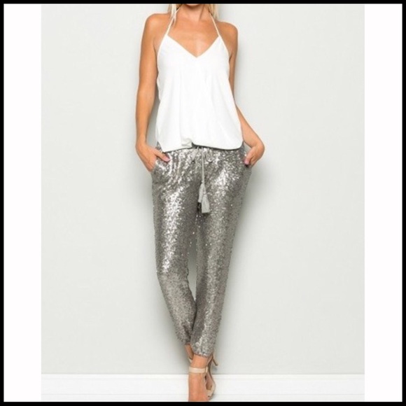 Pewter Toned Sequin Joggers - Picture 4 of 5