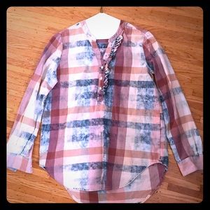 Anthropologie Ruffle Henley Plaid Flannel Top XS