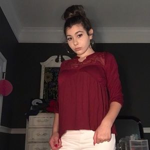 Burgundy long sleeve mesh top