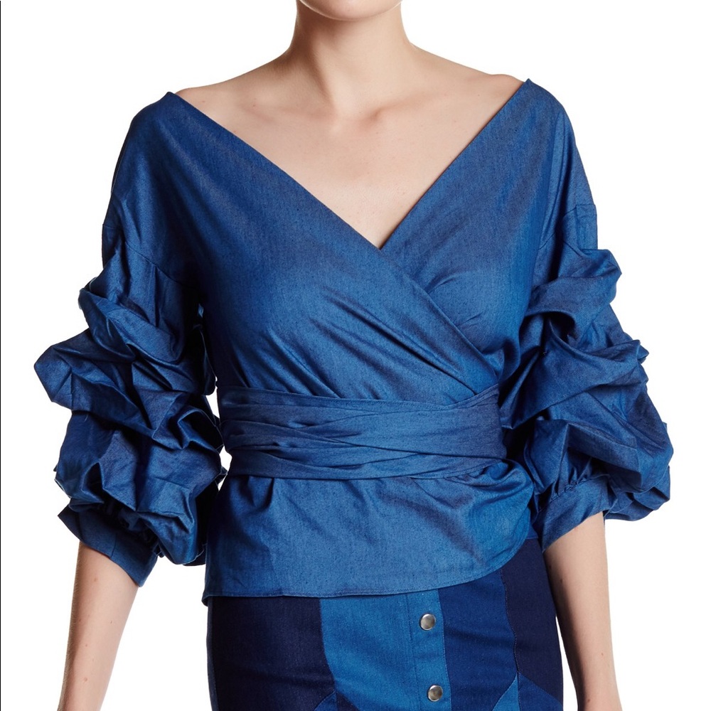 Gracia blue Jean Puff sleeve wrap blouse