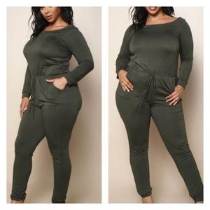 Plus size off the shoulder jumpsuit. Color -green