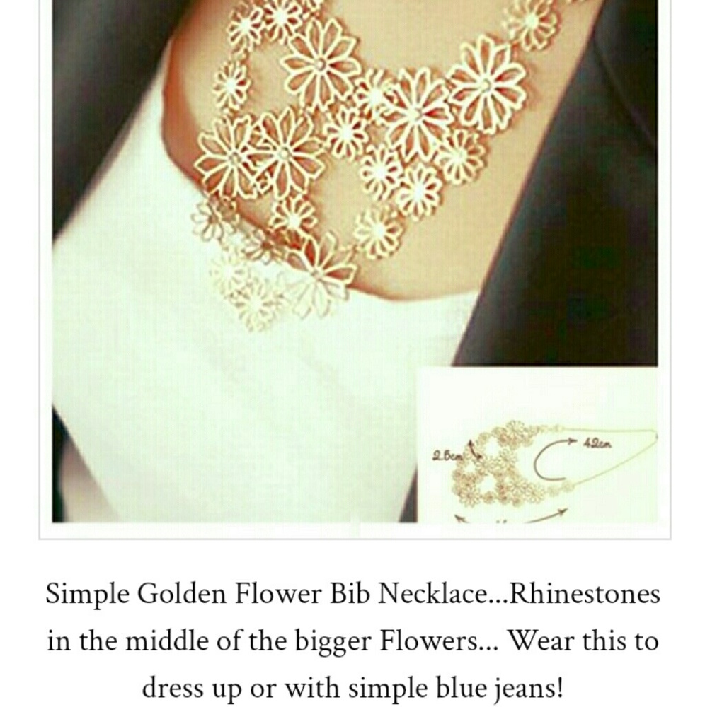 Golden flower and rhinestone bib necklace