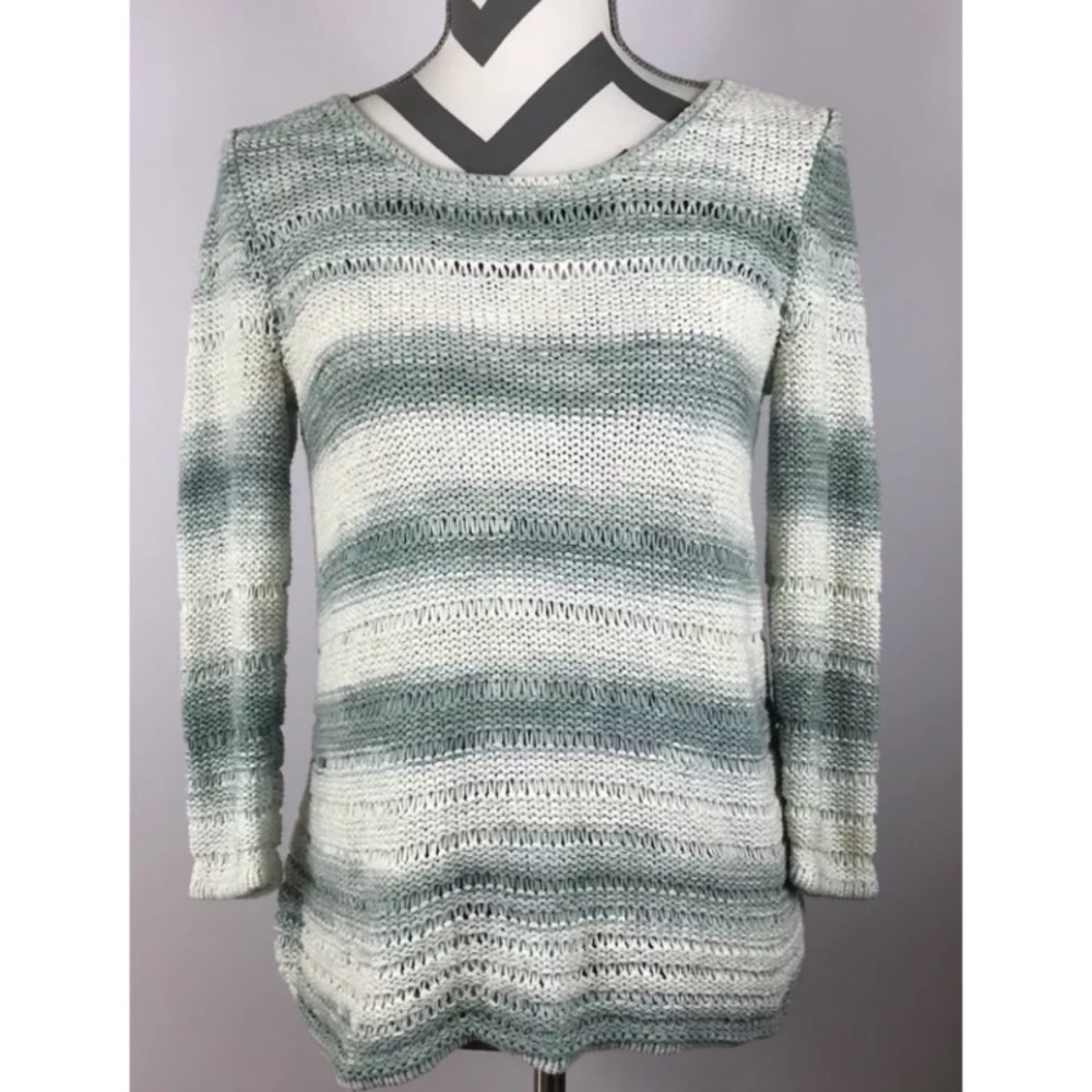 {J Jill} Blue White Striped Crochet Knit Sweater