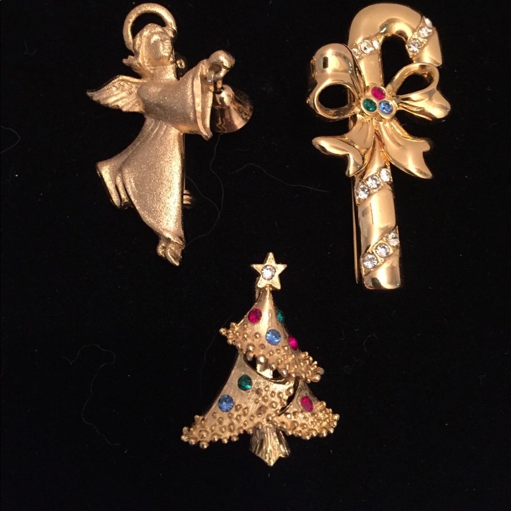 Vintage Bundle Of Three Gold Toned Christmas Pins