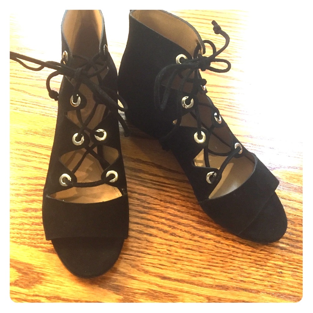 Jcrew black lace up wedge