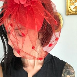 Vintage red birdcage veil