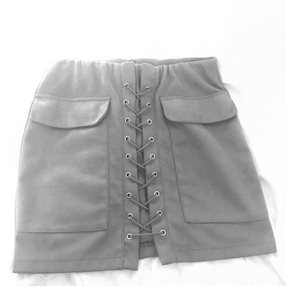 Faux Suede Grey Lace Up Mini Skirt