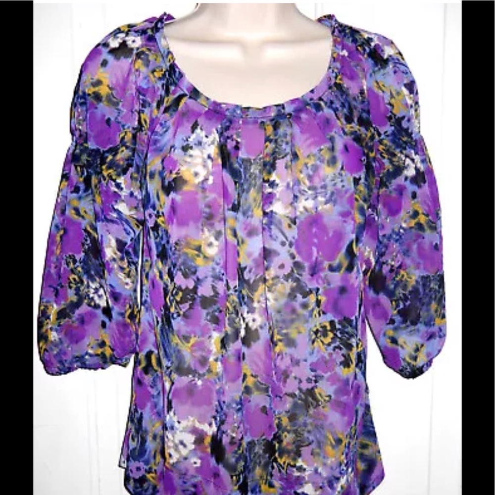 Petite Alfani Sheer Purple Floral Blouse