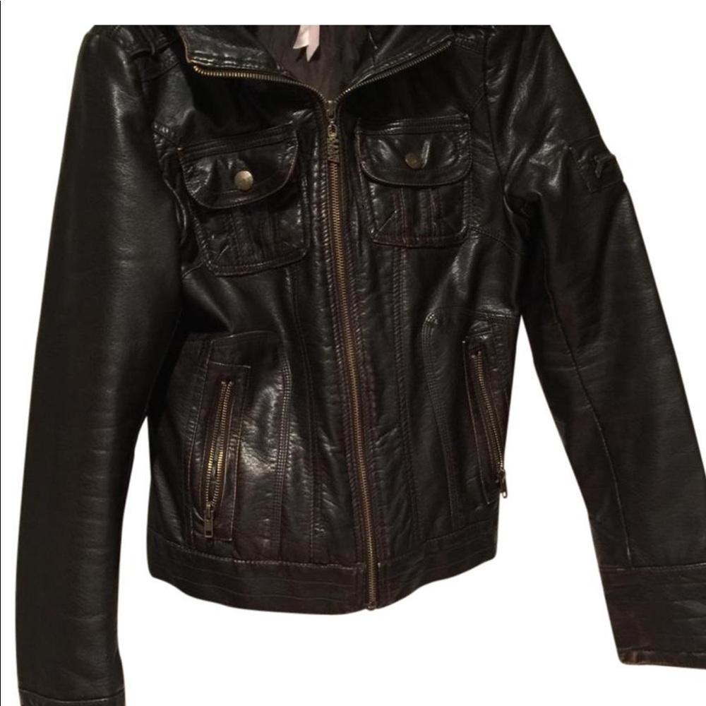 Brown faux leather bomber jacket