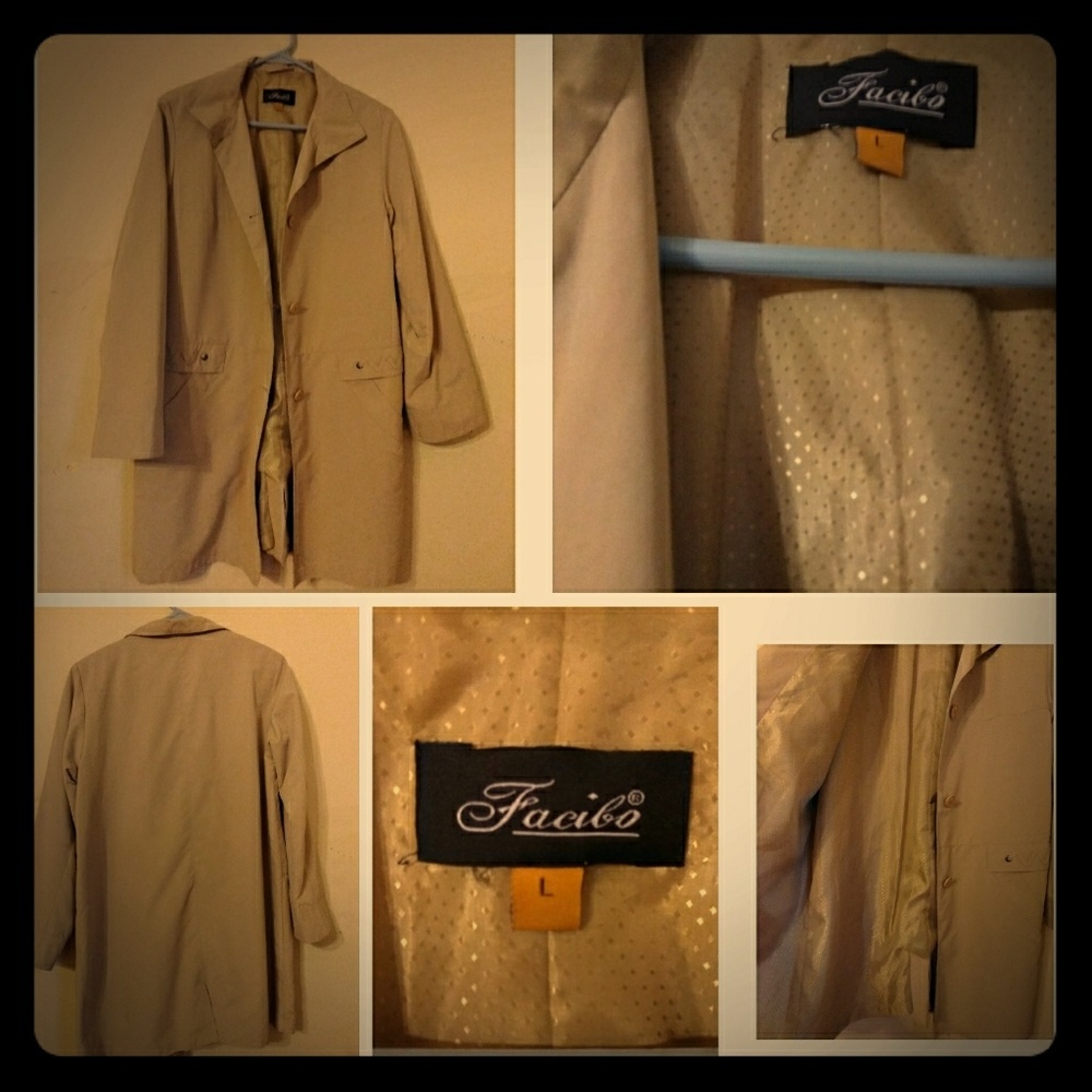 Beige button up coat.