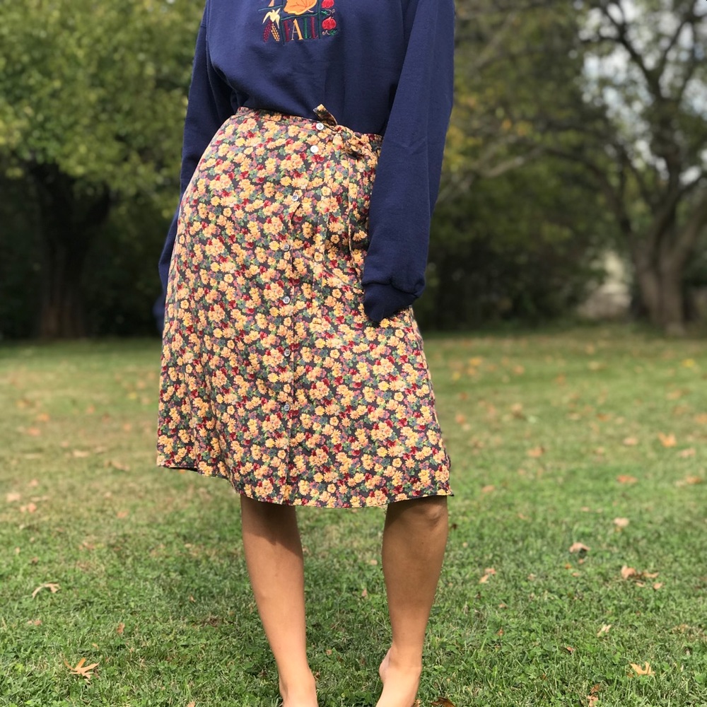 Vintage 100% Silk Fall Floral Button Down Skirt