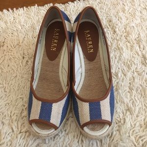 Ralph Lauren burlap stripe wedge with peep toe