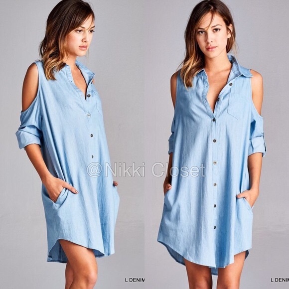 Long, light denim tunic with open shoulders - Picture 2 of 4