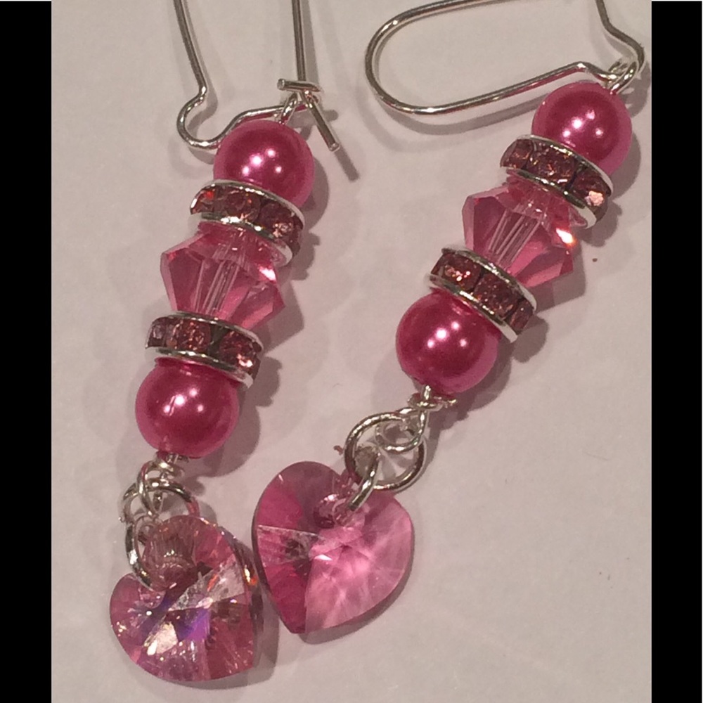 Handmade Rose Pink Crystal Dangle Earrings