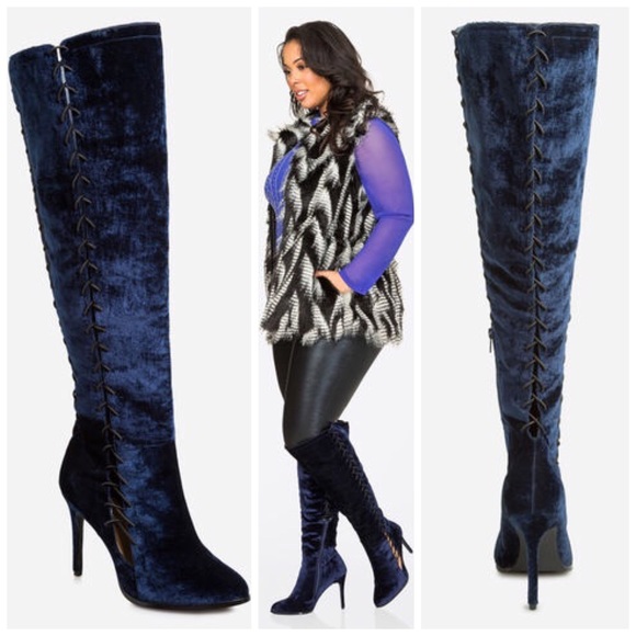 Ashley Stewart Plus Size Tall Velvet Lace Up Boots - Picture 5 of 5