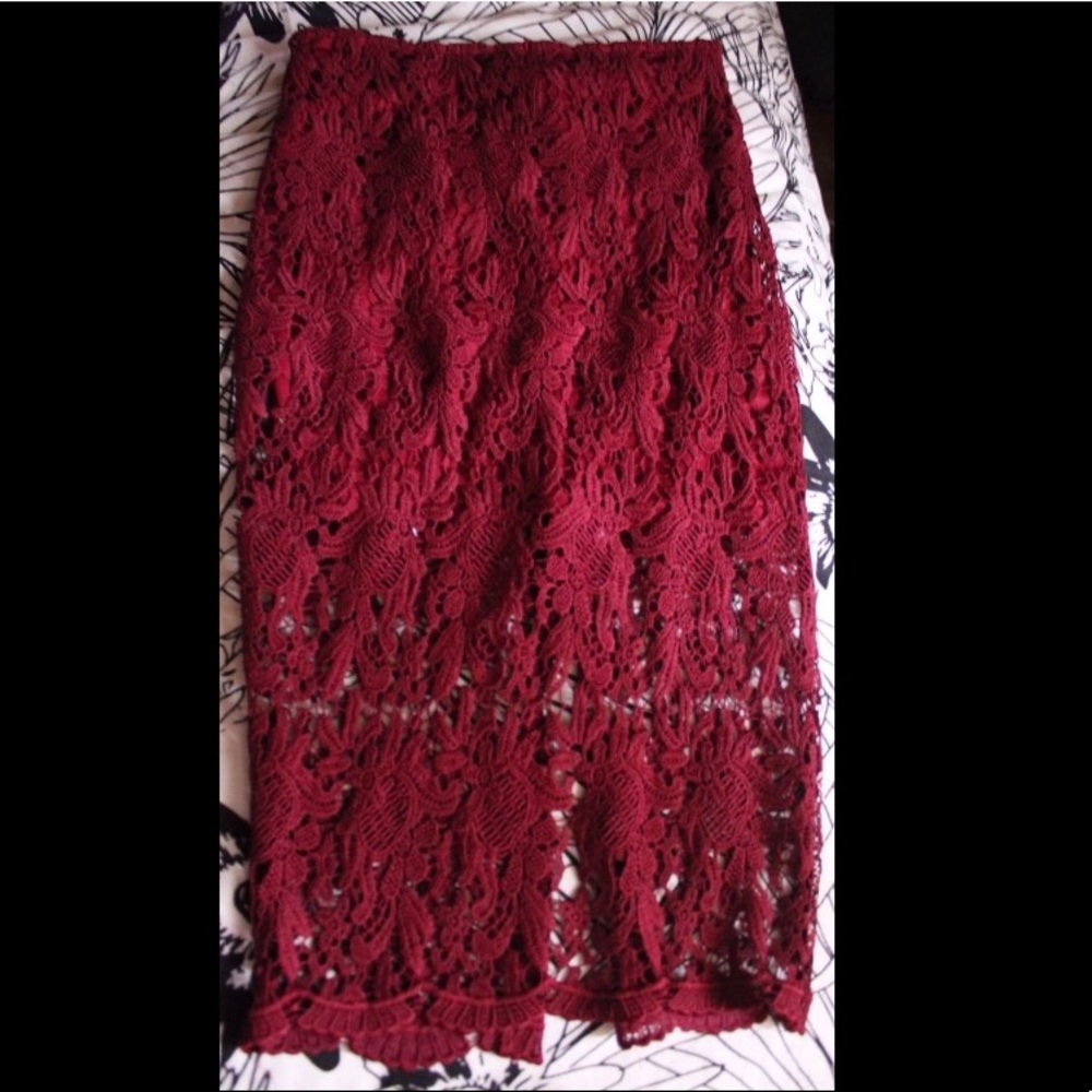 Wine Red Lace cut-out Midi High waisted Skirt