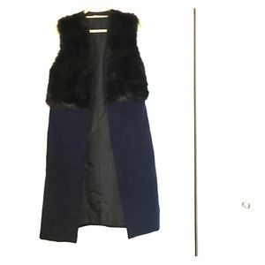 Navy blue and black faux fur sleeveless overcoat