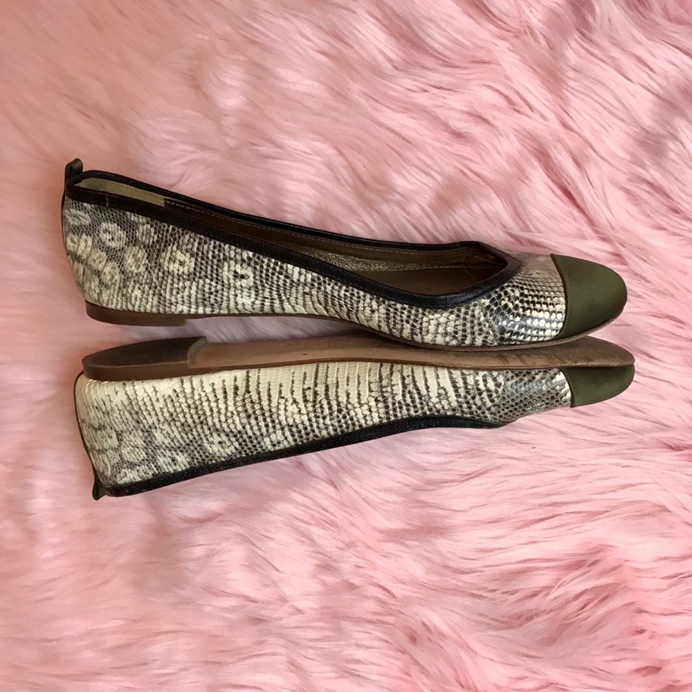 Effortless Elegance: J.Crew Lizard Olive Cap Toe Ballet Flats Exotic Print Shoes