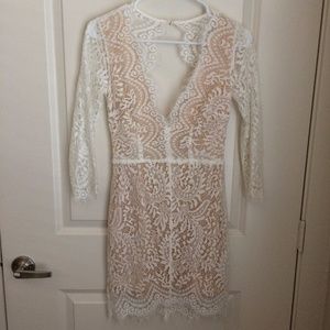 Deep V neck three quarter sleeve white lace dress