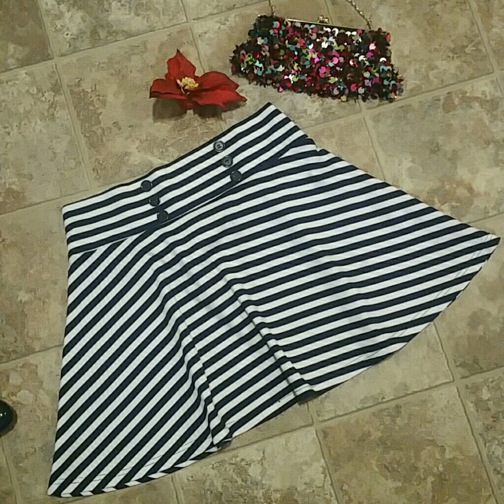 "Navy/White Striped Flare Mini Skirt"