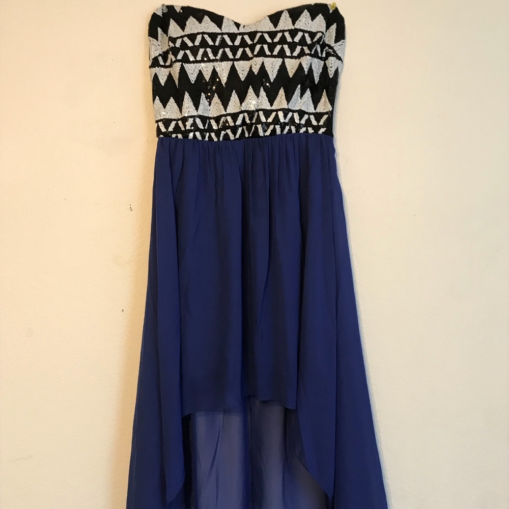 Strapless blue hi-lo dress with a sequined bodice