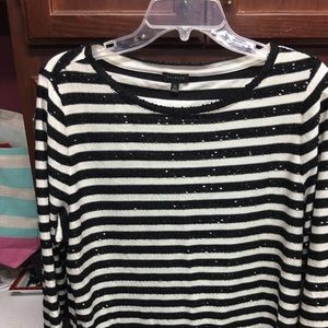 Talbots White and Black Stripe Sequin Boatneck Top