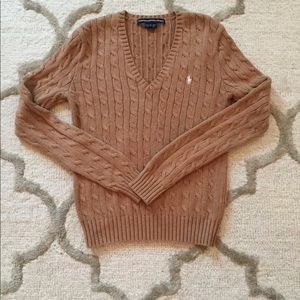 Camel color Ralph Lauren Cable Knit V-neck sweater