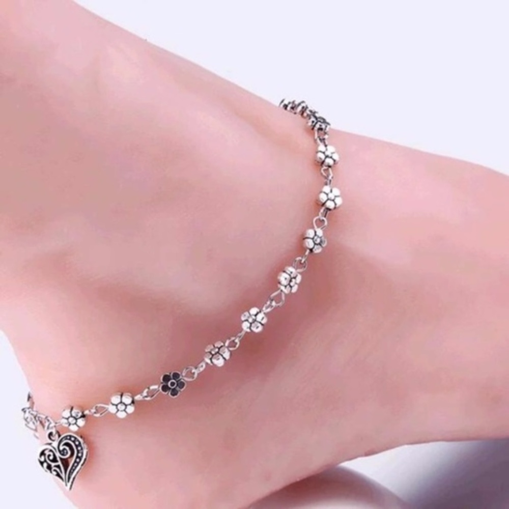 5 for $25 Silver Color Flower Heart Anklet - Picture 1 of 6